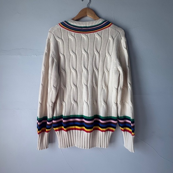 Rowing Blazers x Target Cream Cable Knit V Neck Sweater Striped Trim Size S - Picture 10 of 10